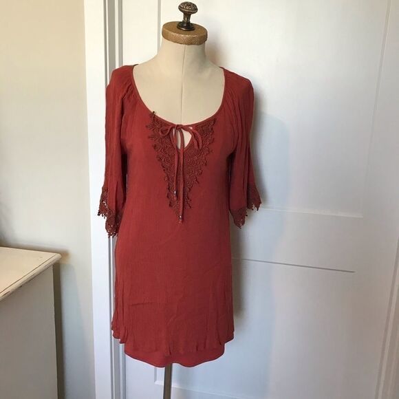Naïf BOHO Crepe Lace Tie V-Neck Shift Mini Dress Large - Picture 1 of 8